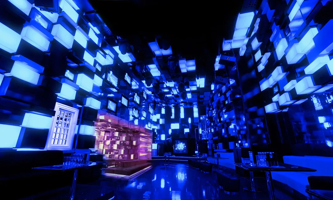 The Blue Lounge at Chameleon Club Dubai with illuminated blue cube walls