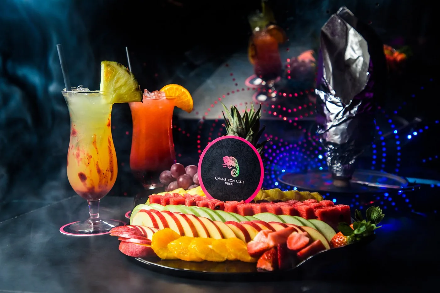 Fruit platter served with tropical long drinks